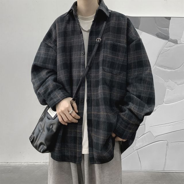 emeisa-Plaid Button-Up Shirt Jacket