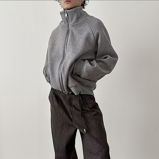 Nahagin-Stand Collar Plain Zip Jacket