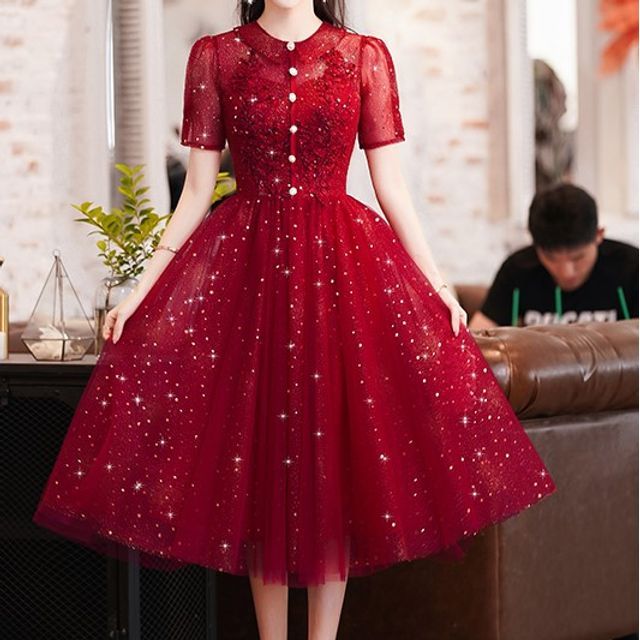 Caprice - Short-Sleeve Embroidered Glitter Midi A-Line Cocktail Dress |  YesStyle