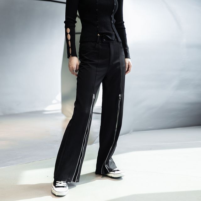 SIMPLE BLACK-Zip Wide Leg Pants