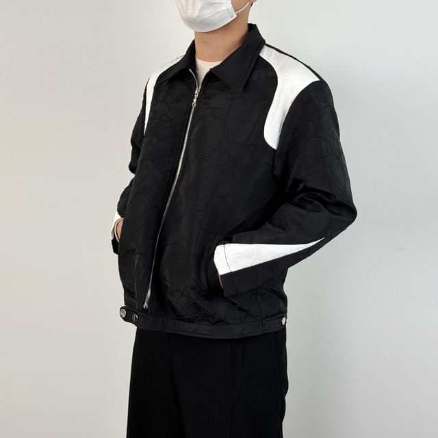 DragonRoad-Collared Two Tone Panel Zip Jacket