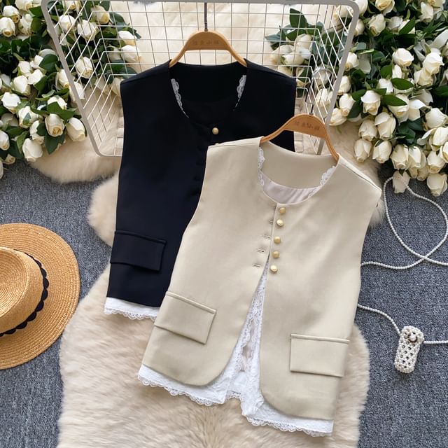 Lucuna-Round Neck Lace Panel Button Vest
