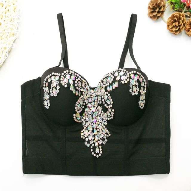 Doowex-Plain Rhinestone Mesh Bustier Top
