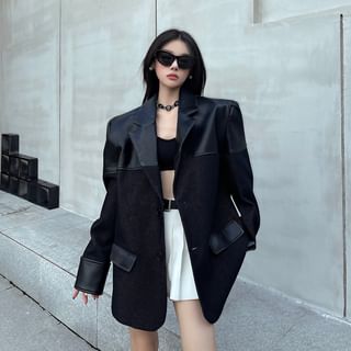 Porstina Two Tone Faux Leather Panel Single-Breasted Blazer Sale