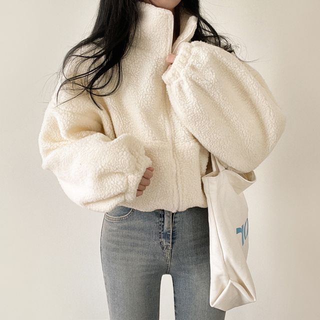 Sienne-Stand Collar Plain Fleece Zip Jacket