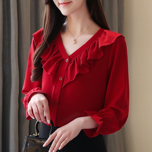 Dragan Pulse-Ruffled V-Neck Chiffon Blouse