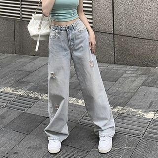 Porstina - Low Rise Ripped Wide Leg Jeans