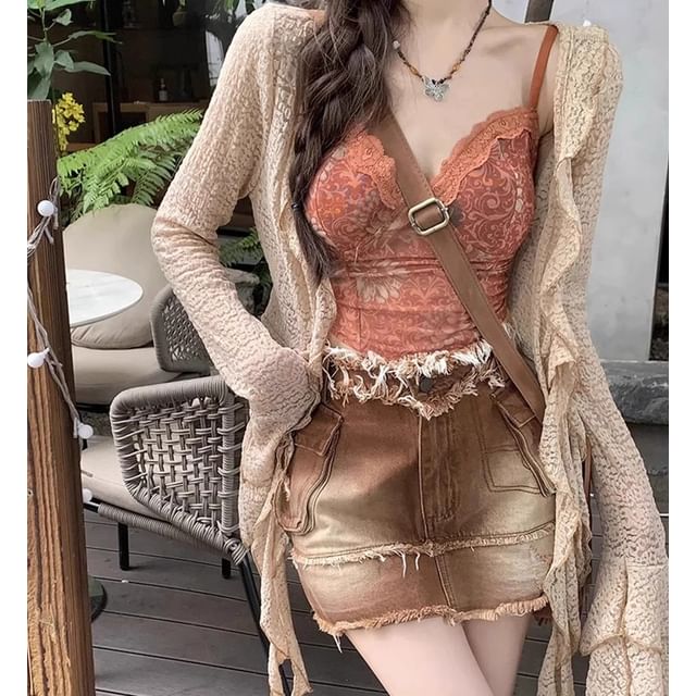 Essere-Lace Camisole Top Ruffled Open Front Jacket