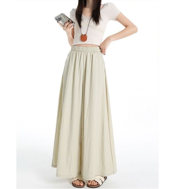 Denimot-Elastic Waist Plain Wide Leg Pants