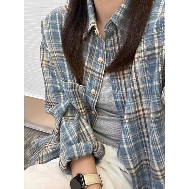 Samso-Long-Sleeve Button-Up Plaid Shirt