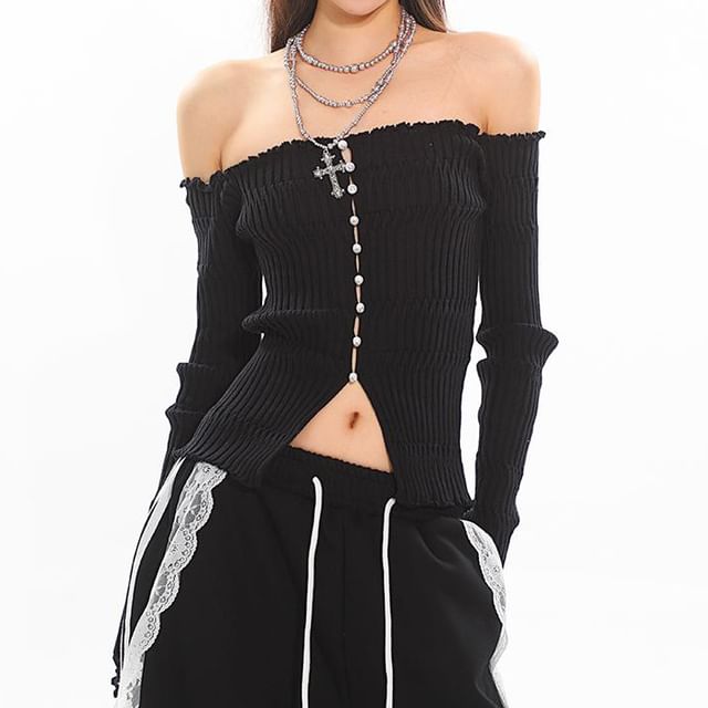 SPUCIKLEI-Long Sleeve Off Shoulder Plain Button Ribbed Knit Top