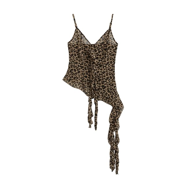 Ulark-V-Neck Leopard Print Asymmetrical Ruffle Cami Top