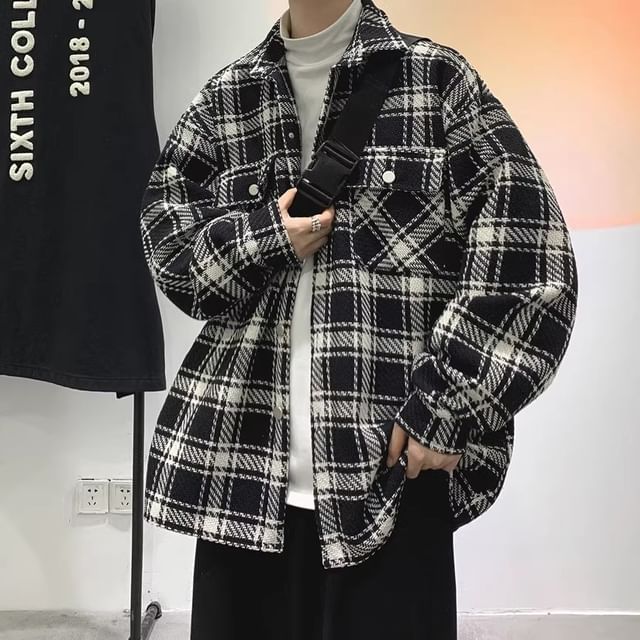 emeisa-Collar Plaid Button Shacket