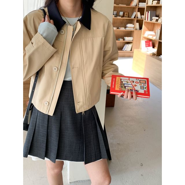MORNINDEW-Collared Two Tone Plain Zip Jacket
