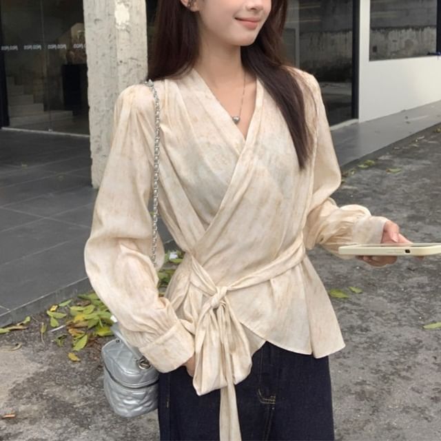 Beem-Long-Sleeve V-Neck Sashed Wrap Blouse