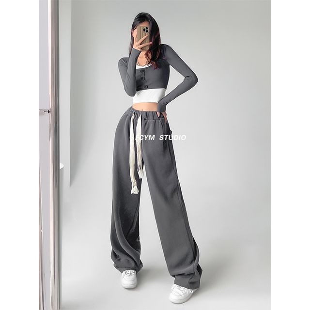 Wholesale Drawcord Women's Track Pants Wide Leg Joggers Gym Track