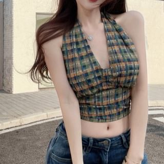 Yako-Halter V-Neck Plaid Open Back Crop Top