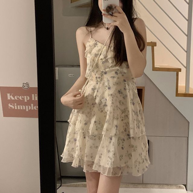 Gilmort Spaghetti Strap Floral Tiered Mini A-Line Dress YesStyle