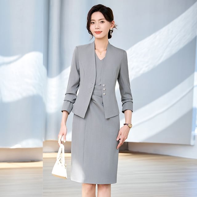 Skyheart-V-Neck Plain Single Breasted Blazer Sleeveless V-Neck Plain Ruched Sheath Dress