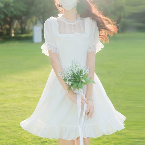 yesstyle cute dress KiTi - Puff-Sleeve Square-Neck Lace Panel Plain Ruffled Mini A-Line Dress