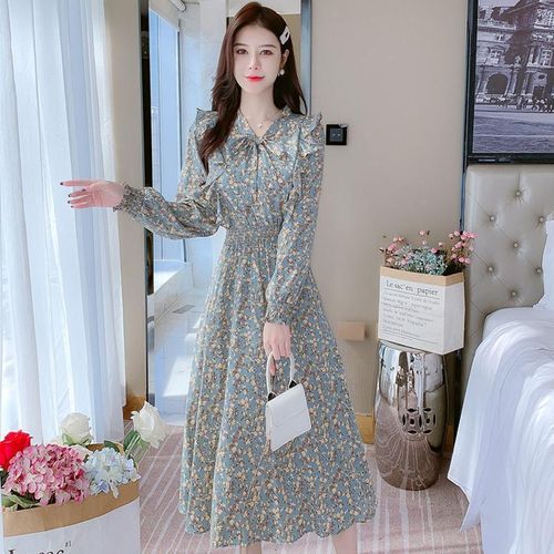 Sienne - Puff-Sleeve Tie-Neck Floral Midi A-Line Dress | YesStyle