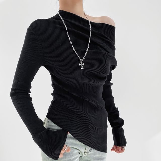 Ulark-Long Sleeve Off Shoulder Ribbed Knit Top