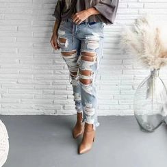 Mid Waist Ripped Rhinestone Chain Accent Loose Fit Jeans