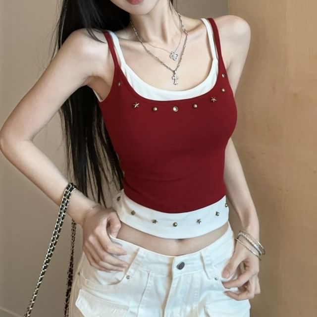 Magma-Mock Two-Piece Studded Crop Slim Fit Cami Top