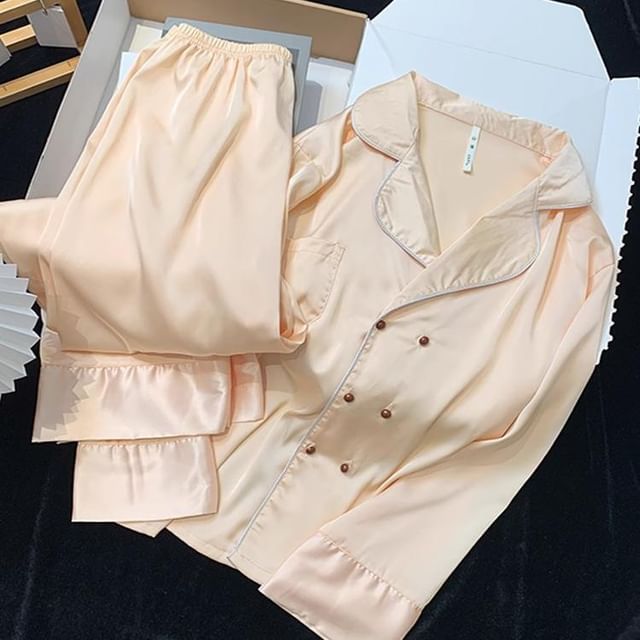GOUB-Pajama Set Satin Double-Breasted Shirt Pants