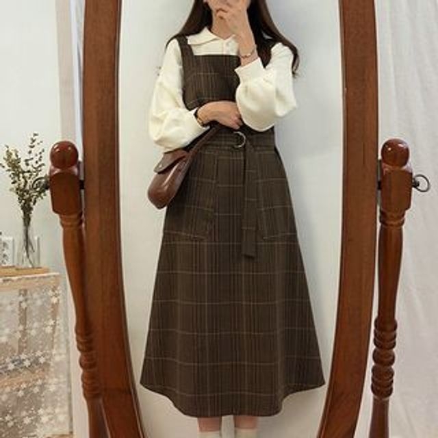 Leoom-Suéter liso de manga larga Vestido midi estilo overol corte en A y escote cuadrado con cuadros
