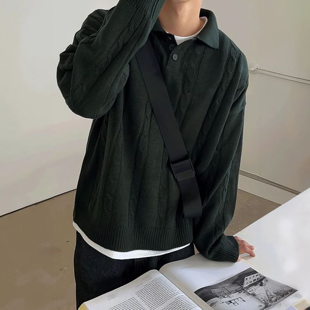 Okwano-Collar Plain Cable-Knit Sweater
