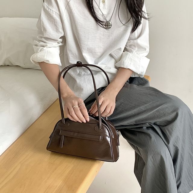 FAYLE-Plain Faux Leather Bowler Bag