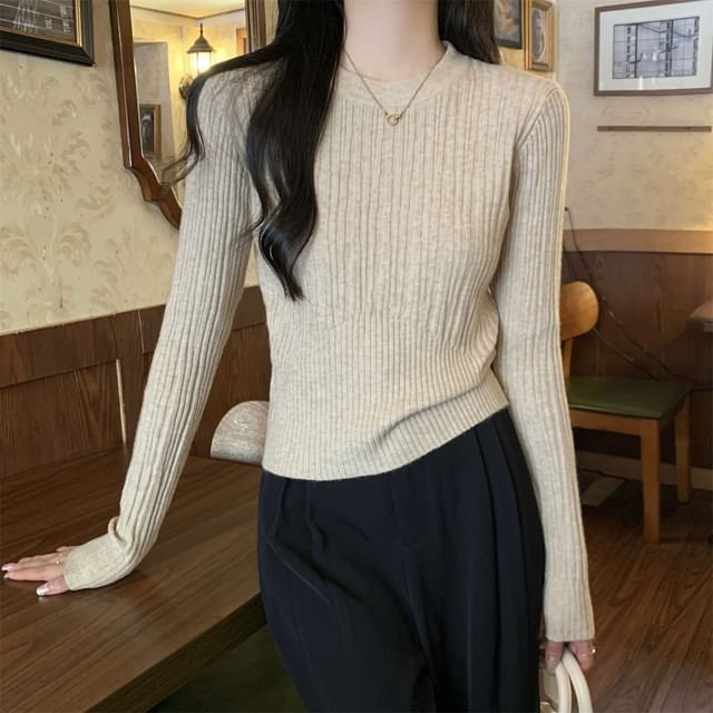 Dragan Pulse-Long Sleeve Round Neck Plain Ribbed Crop Knit Top