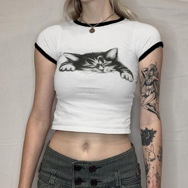 Short Sleeve Contrast Trim Cat Print Crop Top