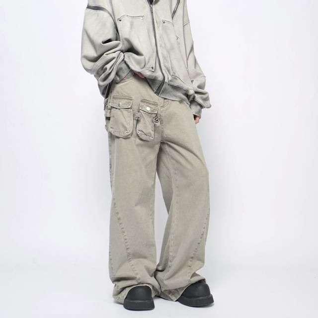 Derbundy-Mid Rise Washed Panel Straight Leg Jeans