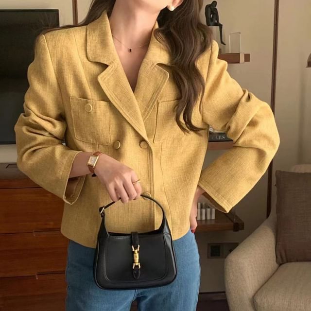 Jesong-Notch Lapel Plain Double Breasted Blazer