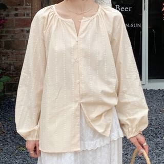 Jesong-Long Sleeve Notch Neck Plain Blouse