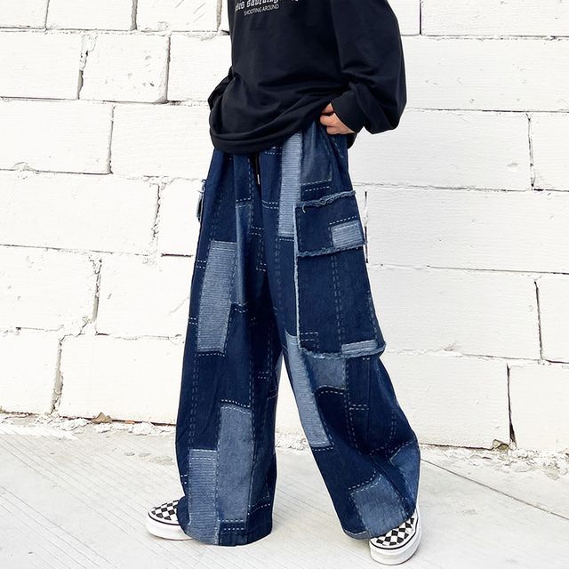 2DAWGS-Drawstring Waist Patchwork Baggy Jeans