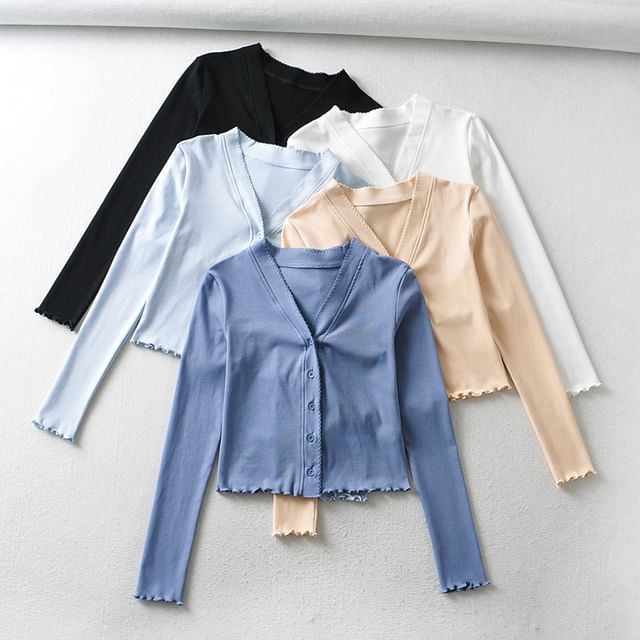 Ulark-V-Neck Plain Ruffle Trim Button Up Crop Cardigan