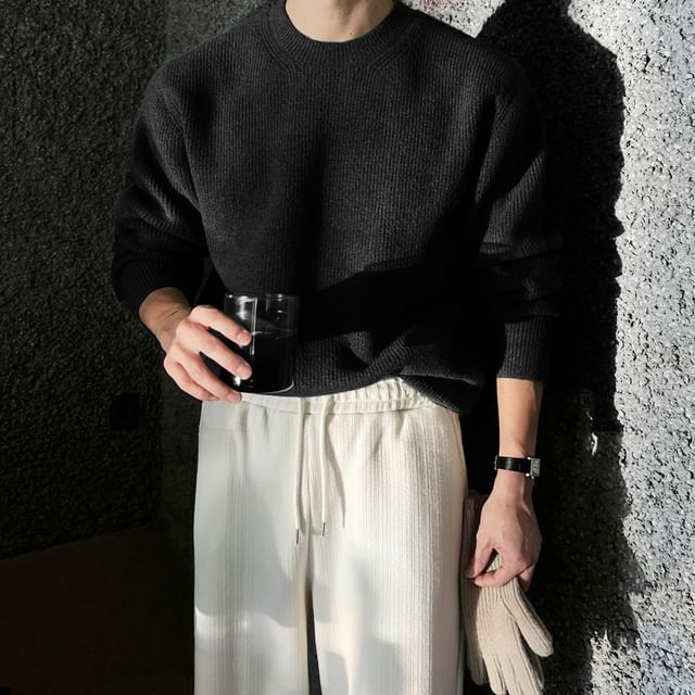 Okwano-Crew Neck Plain Ribbed Sweater