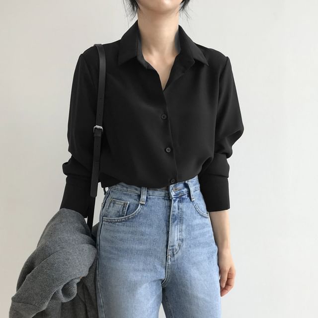 INEN-Long-Sleeve Collared Plain Shirt