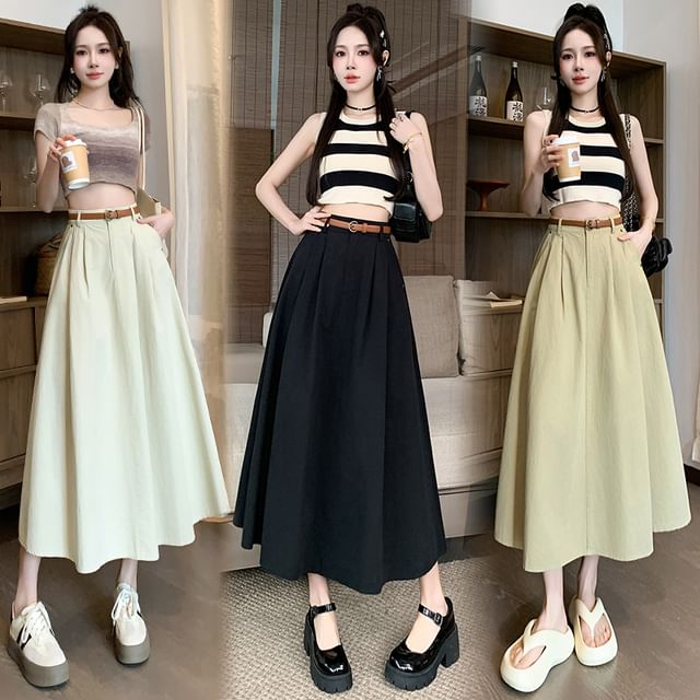 Odestra-High Rise Plain Midi A-Line Skirt