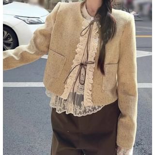 Trendycas-Round Neck Ruffle Panel Tie Front Jacket Long Sleeve Round Neck Plain Frill Ruffle Button Lace Top