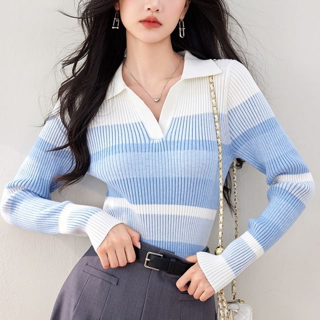 Dragan Pulse-Long Sleeve Open Placket Striped Ribbed Knit Polo Top