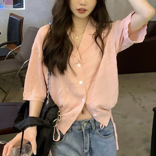 Moon City-Elbow-Sleeve Collared Plain Drawstring Blouse
