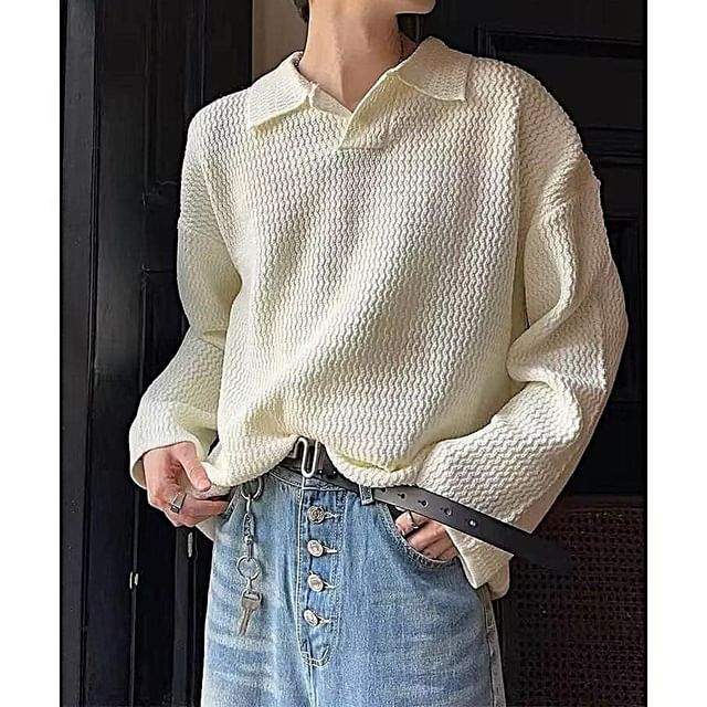 Real Boy-Drop Shoulder Plain Waffle Knit Polo Sweater