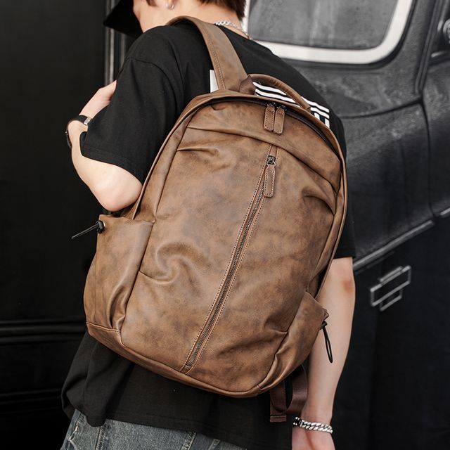 BagBuzz-Plain Faux Leather Zip Backpack