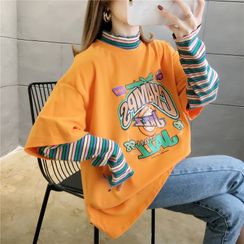Jewie - Mock Two-Piece Striped-Sleeve Lettering T-Shirt Jewie - Mock Two-Piece Striped-Sleeve Lettering T-Shirt
