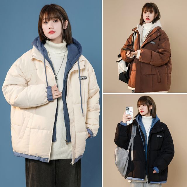 Stand Collar Mock Two Piece Hood Zip Puffer Jacket