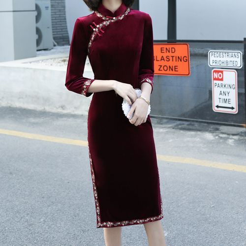 Luxury Style ElbowSleeve Velvet Qipao Dress YesStyle